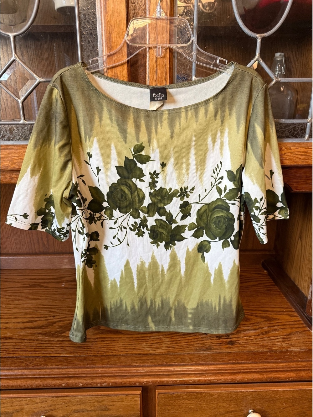 Bella Mode Y2K Olive Green Ombre Rose Print Grunge Top